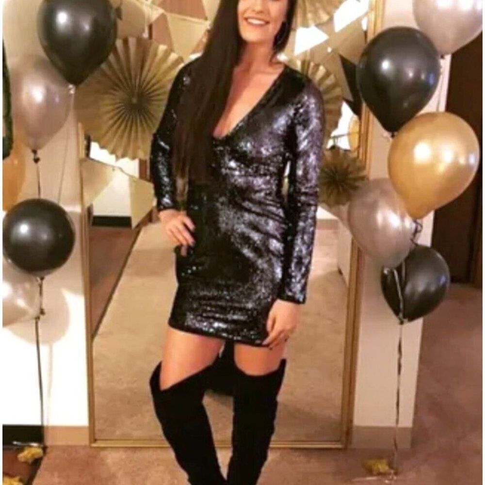 NEW Lulu’s XS Black‎ Multi Sequin Bodycon Mini Dress Cocktail Party Long Sleeve
